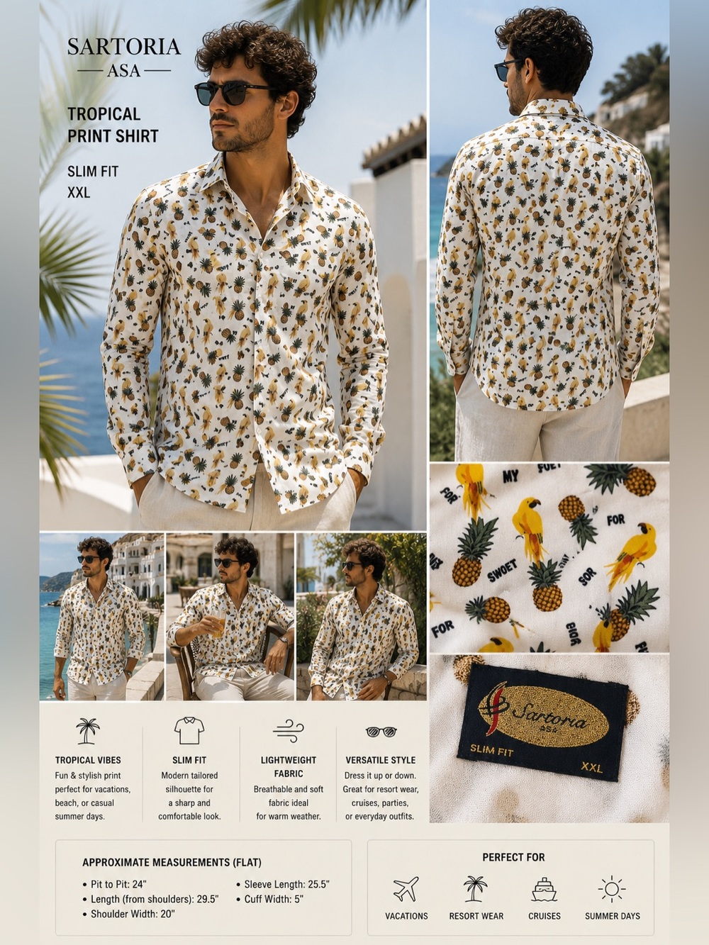Sartoria Tropical Print Button-Up Shirt - Pineapple & Parrot Print